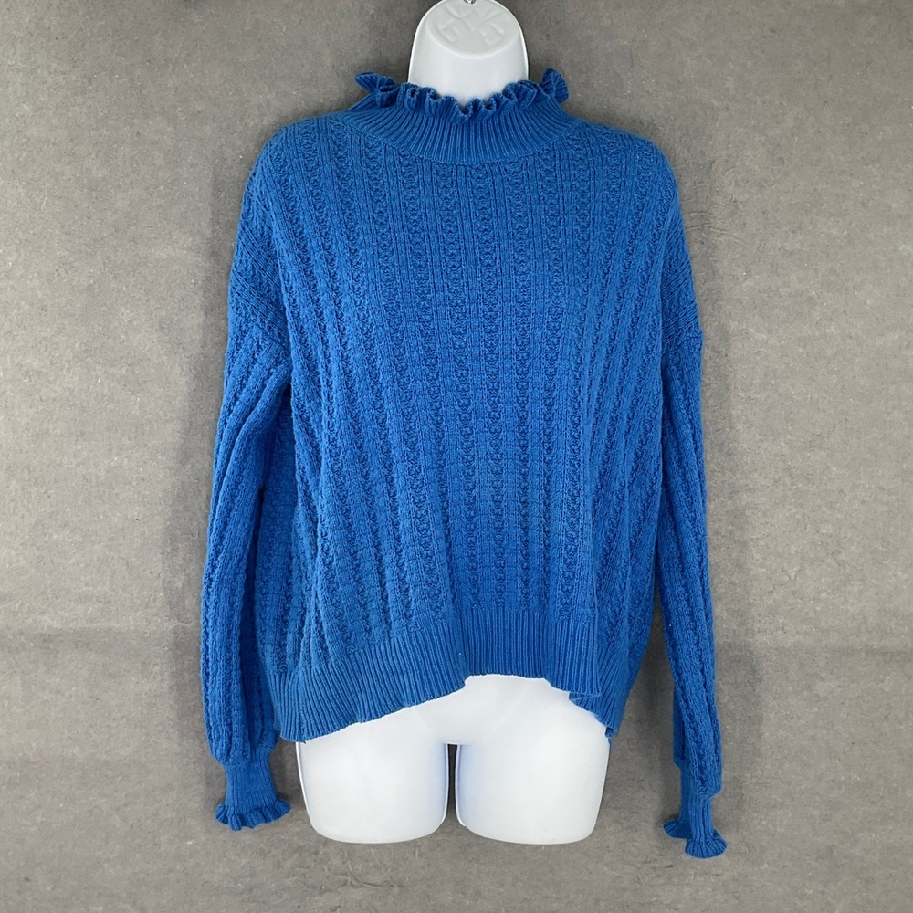 Umgee Sweater Womens Sz M Blue Textured Mock Neck Ruffle Trim Pullover Feminine